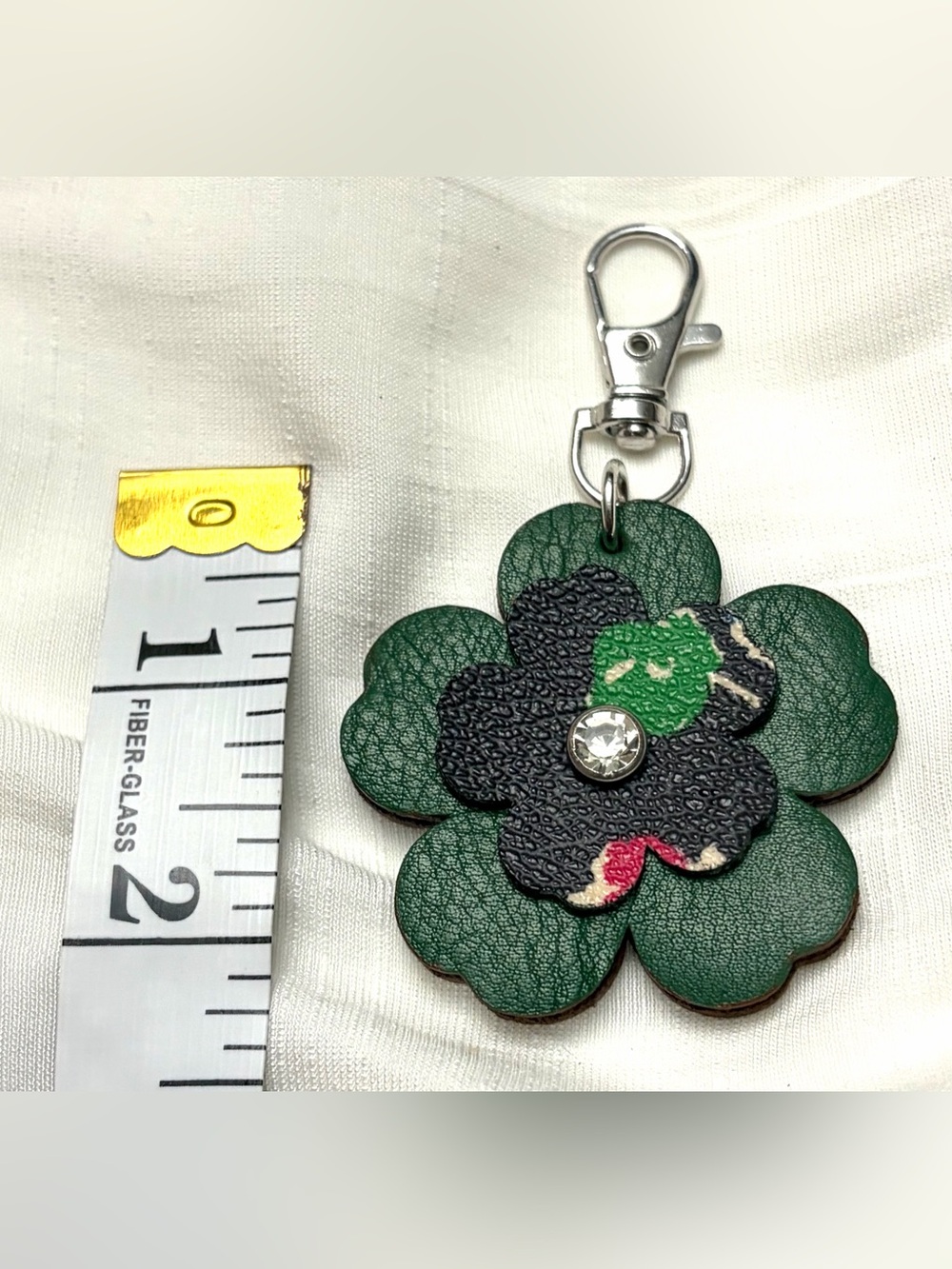 Upcycled COACH Leather Floral Keychain Charm Green Brown Black Floral - Picture 3 of 5